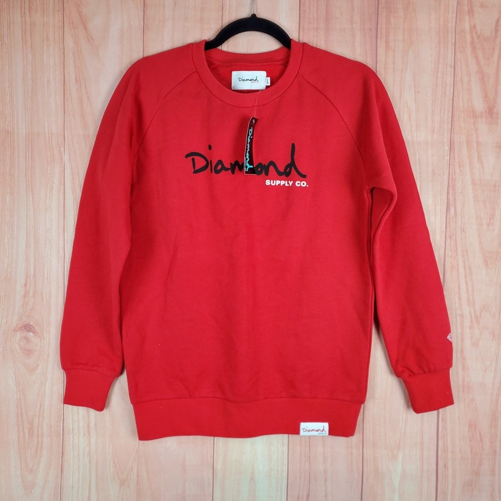 Diamond Supply Co. OG Script Mens Sweater Small Red Cotton Crew Neck Long Sleeve